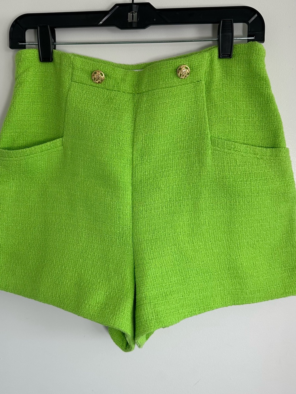 Zara Neon Green Bouclé High-Waist Shorts with Gold Buttons